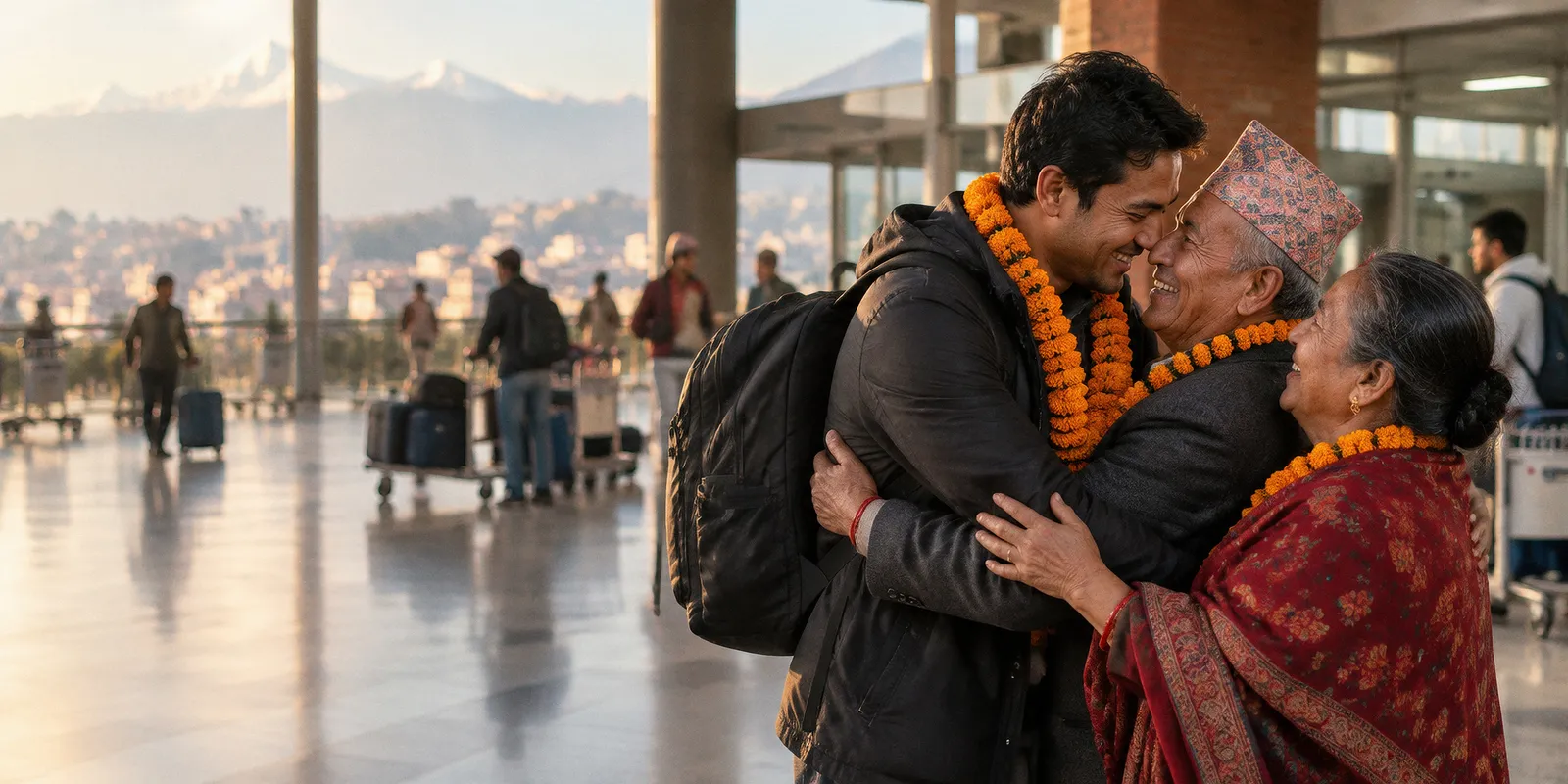 A son home from Australia hugging his parents at Kathmandu airport arrivals, all wearing marigold garlands