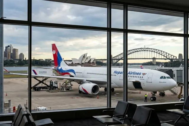 Nepal Airlines aircraft on the apron with the Sydney skyline behind it