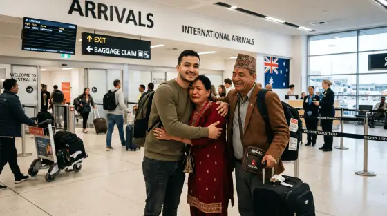 A young man hugging his Nepali parents at Sydney Airport international arrivals
